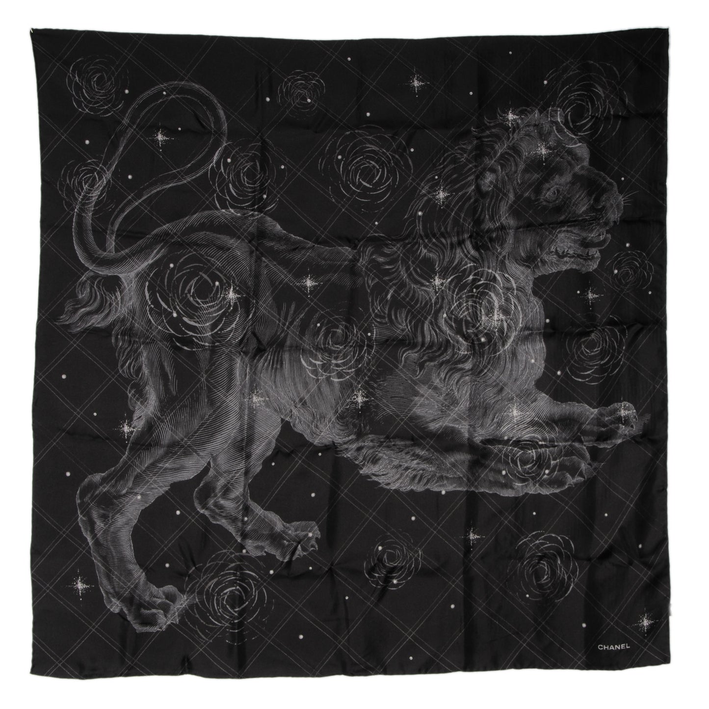Silk Camellia Lion Scarf Black