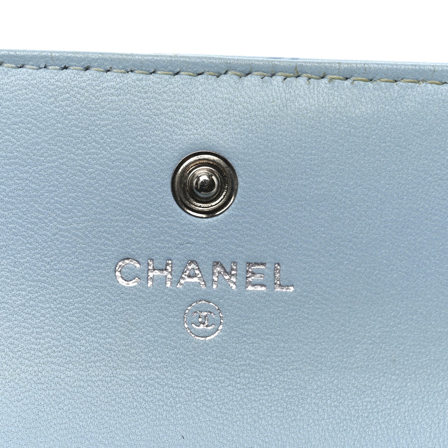 Lambskin Camellia Embossed Compact Wallet Light Blue