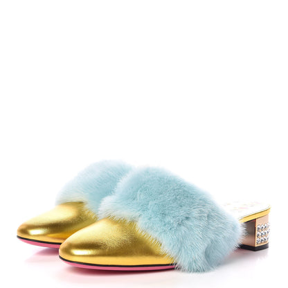 Gucci Mink Nappa Crystal Candy Mules 38.5 Vibrant Turquoise Gold 3 of 9