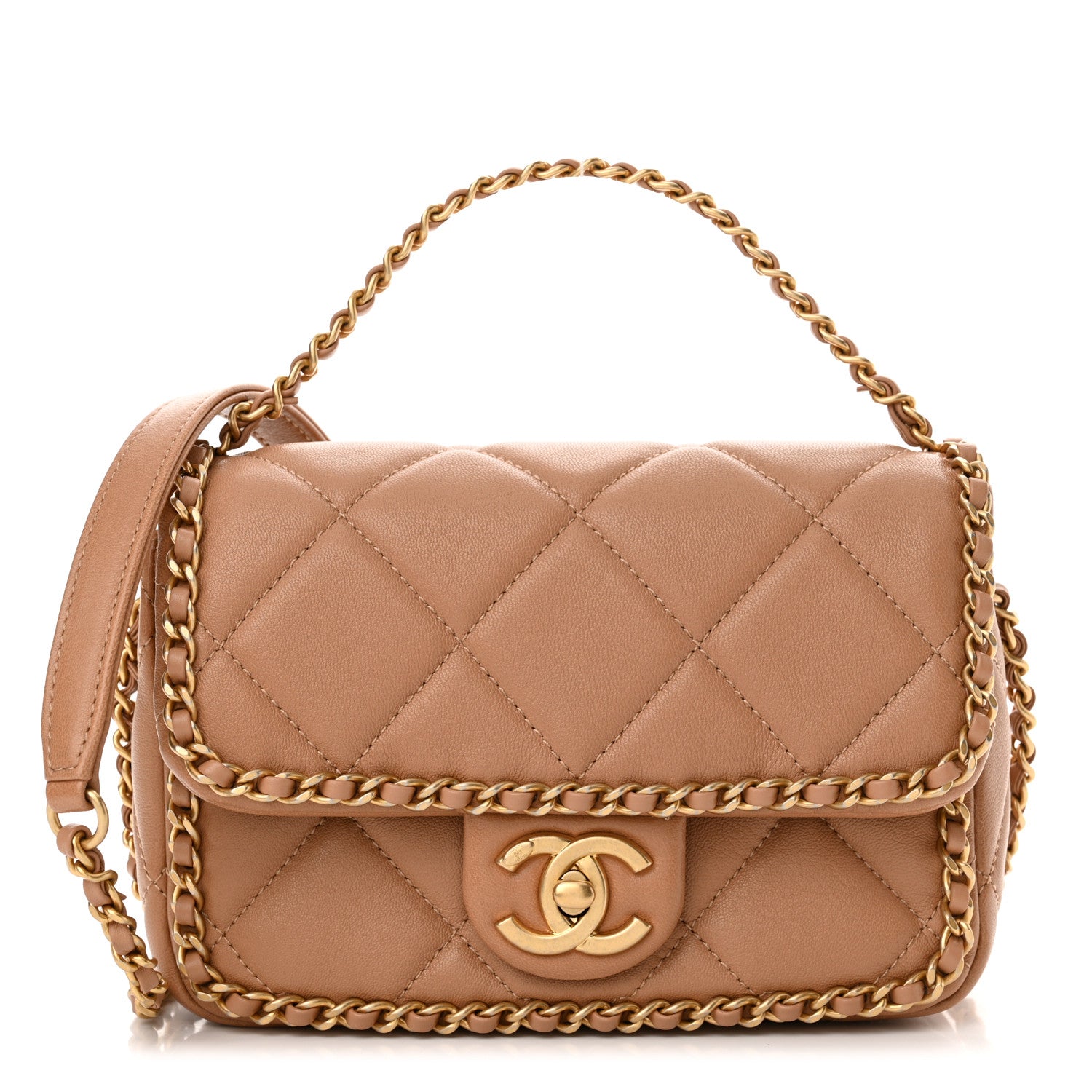 Chanel Lambskin Chain Around Top Handle Flap Dark Beige 1 of 12