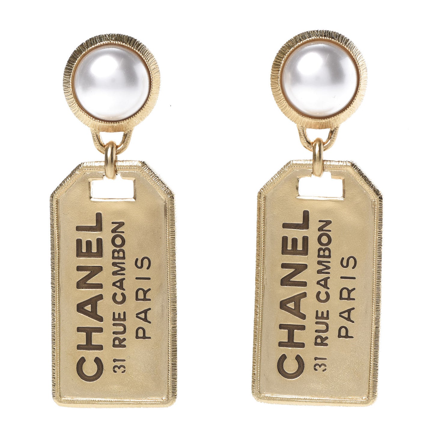 Pearl CC Tags Drop Earrings Gold