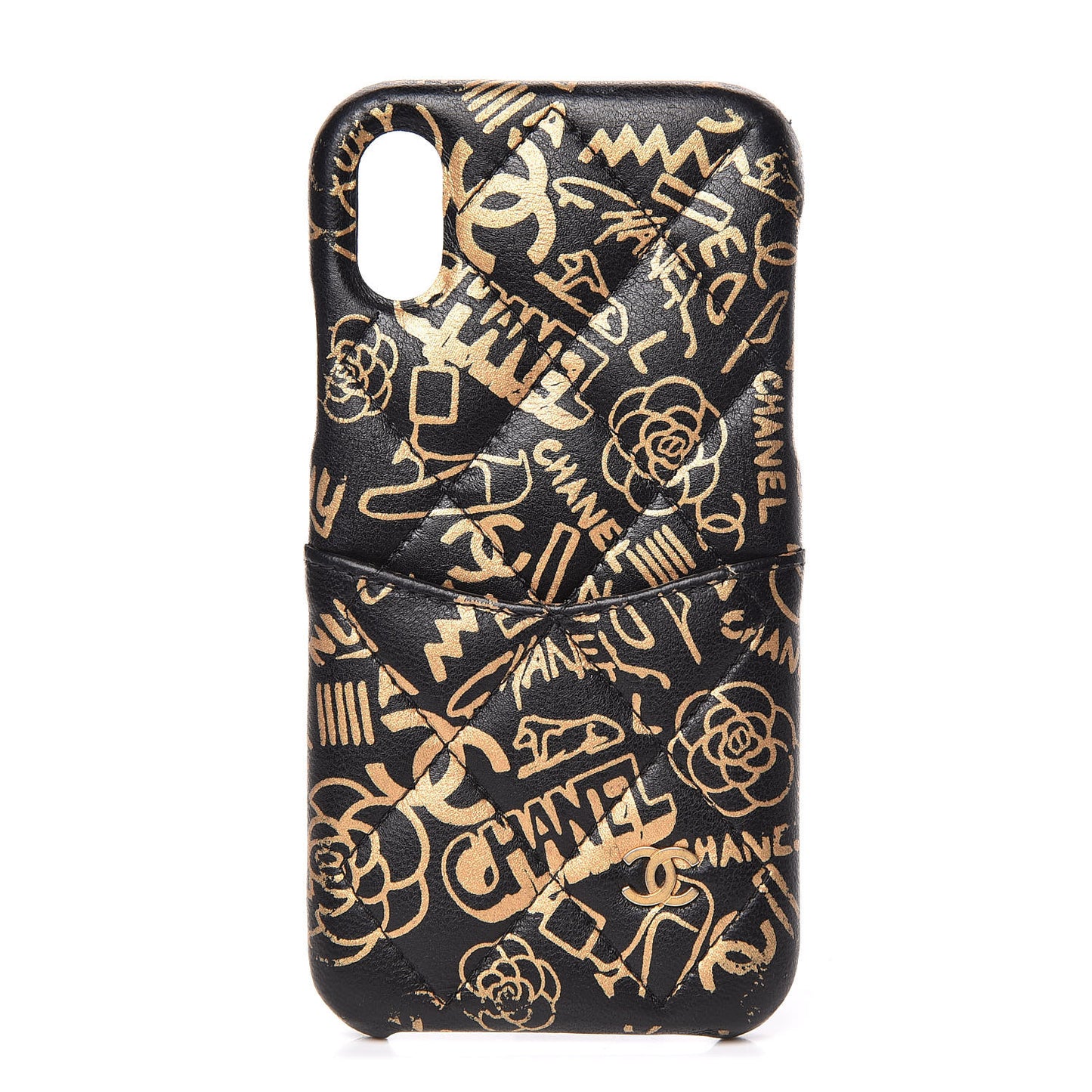 Lambskin Quilted iPhone X Coco Tech Egyptian Graffiti Case Black Gold