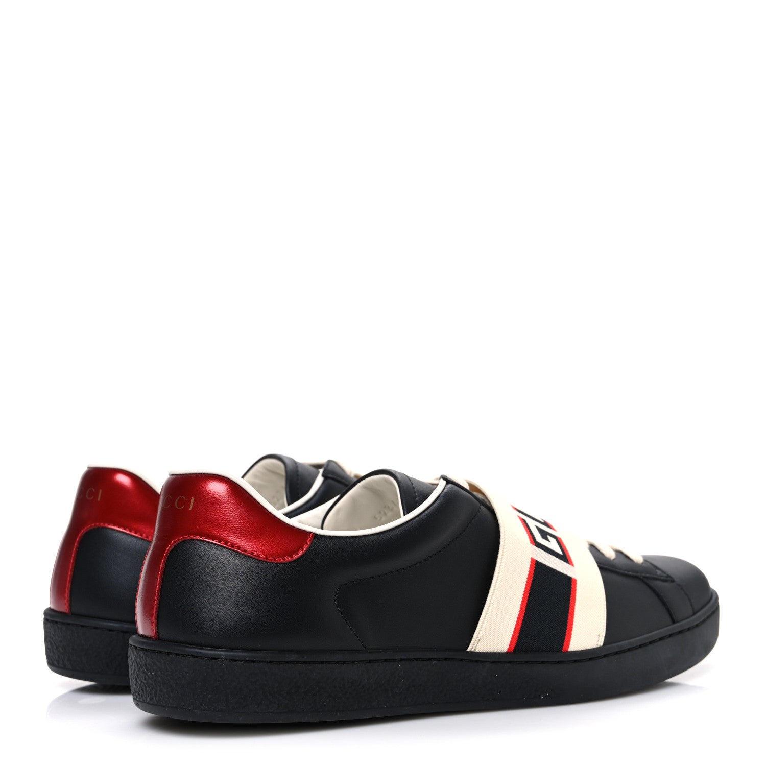 Gucci Calfskin Stripe Mens New Ace Sneakers 8.5 Black Ecru Red Flame 5 of 11
