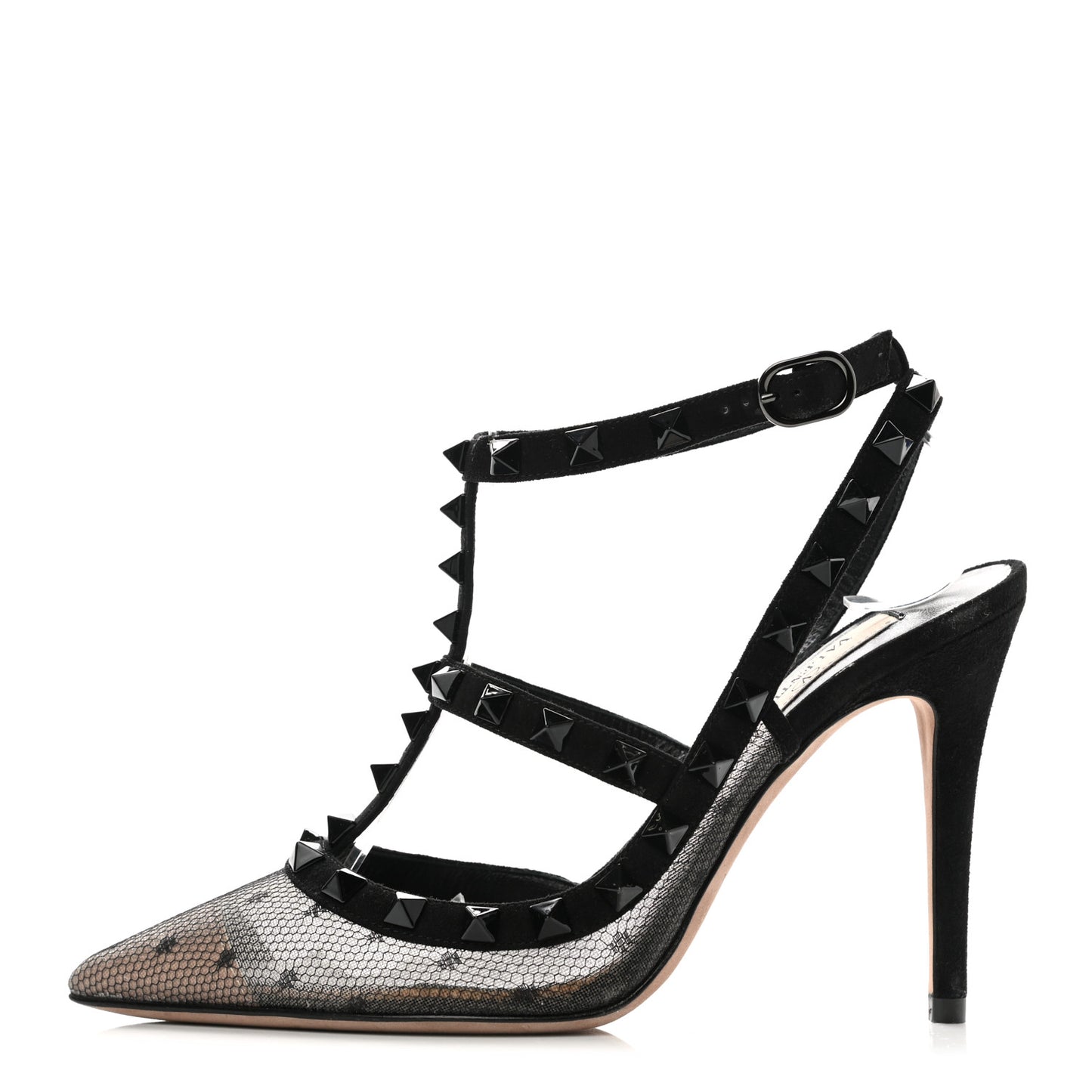 Mesh Point d'Esprit Suede Rockstud Ankle Strap 100mm Pumps 35 Black