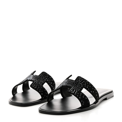 Hermes Suede Goatskin Studded Oran Sandals 37.5 Black 3 of 9