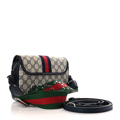 Gucci GG Supreme Monogram Textured Dollar Calfskin Web Studded Mini Ophidia Flap Shoulder Bag Beige Blue 3 of 9
