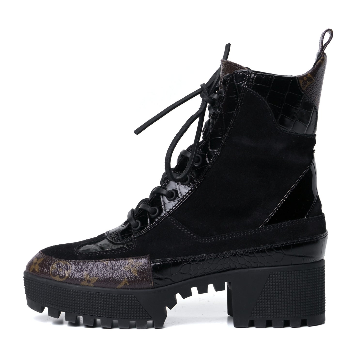 Suede Calfskin Crocodile Embossed Patent Monogram Laureate Platform Desert Boots 40 Black