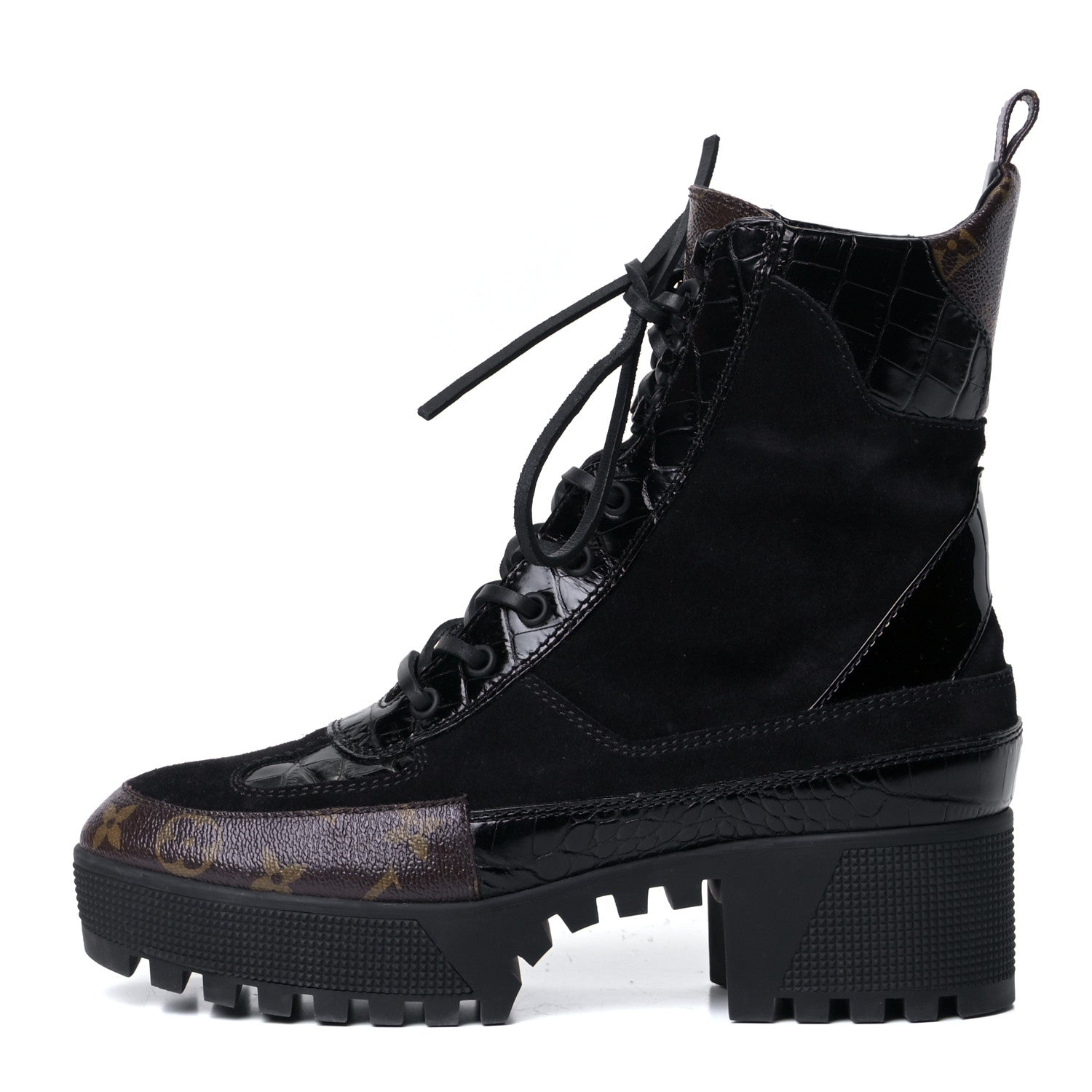 Louis Vuitton Suede Calfskin Crocodile Embossed Patent Monogram Laureate Platform Desert Boots 40 Black 1 of 18