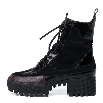 Louis Vuitton Suede Calfskin Crocodile Embossed Patent Monogram Laureate Platform Desert Boots 40 Black 1 of 18