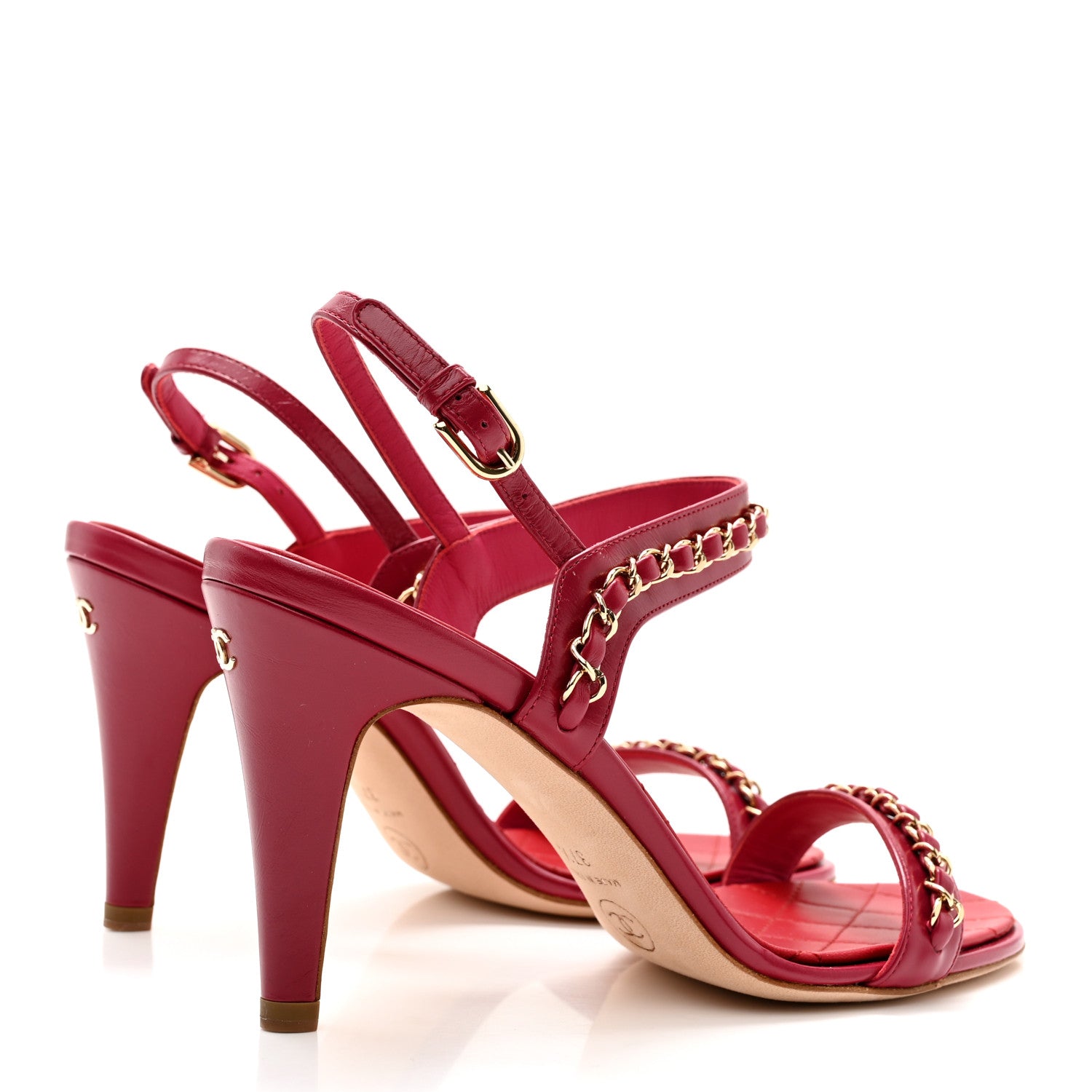 Chanel Crumpled Calfskin Quilted Chain Strap Sandals 37.5 Red 4 of 9