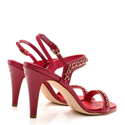 Chanel Crumpled Calfskin Quilted Chain Strap Sandals 37.5 Red 4 of 9