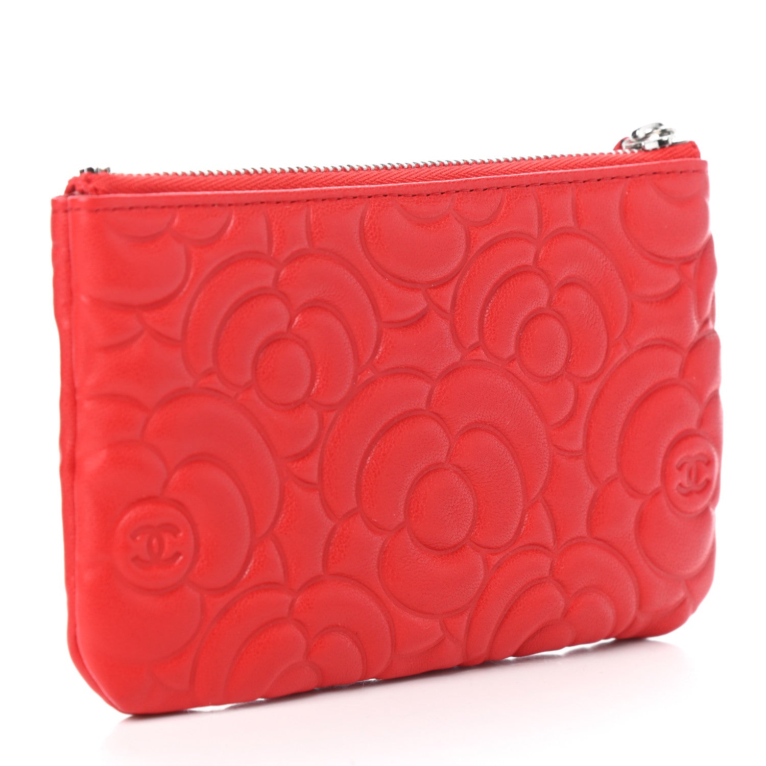 Chanel Goatskin Camellia Embossed Cosmetic Pouch Red 3 of 7