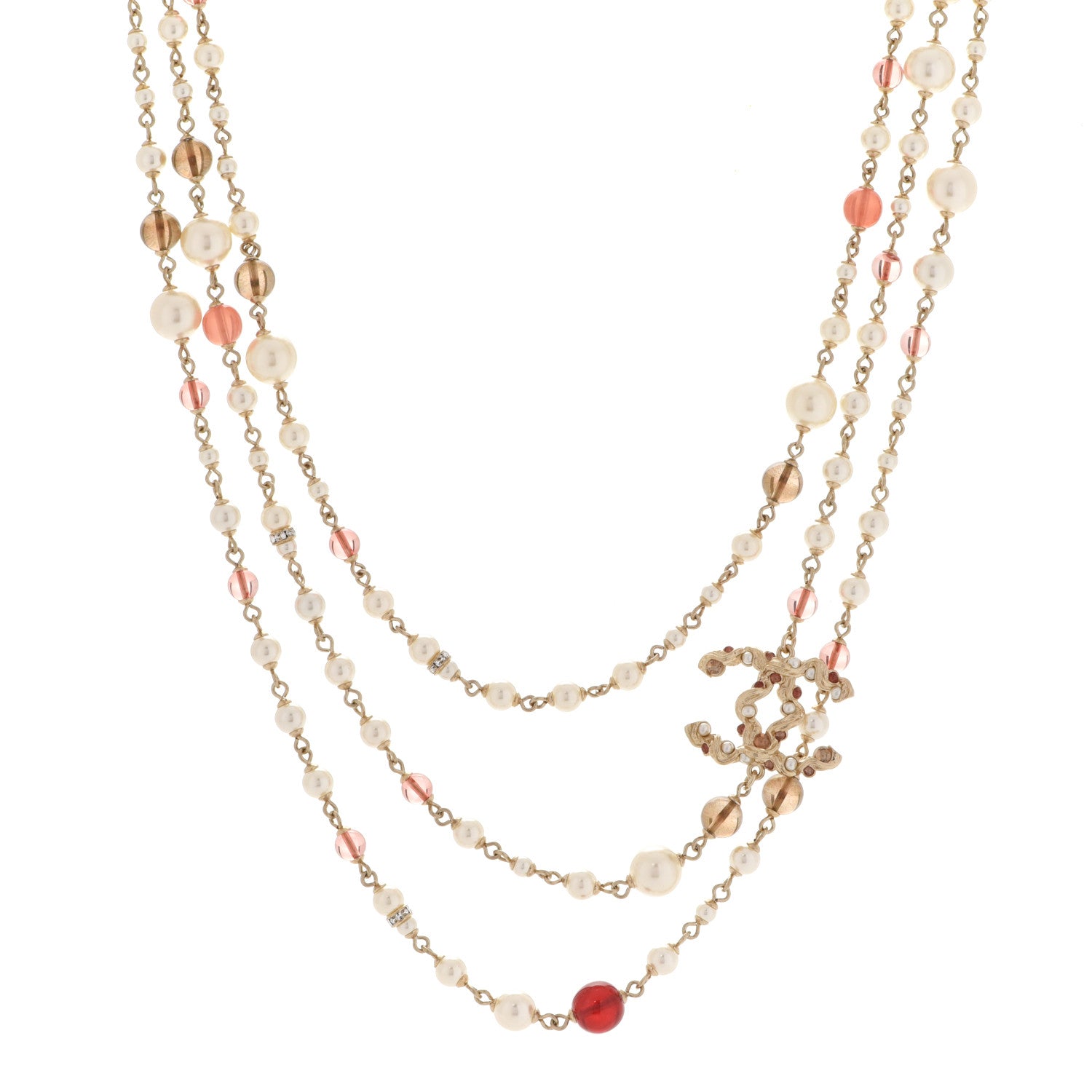 Chanel Pearl Bead Multi Strand CC Long Necklace Gold 1 of 5