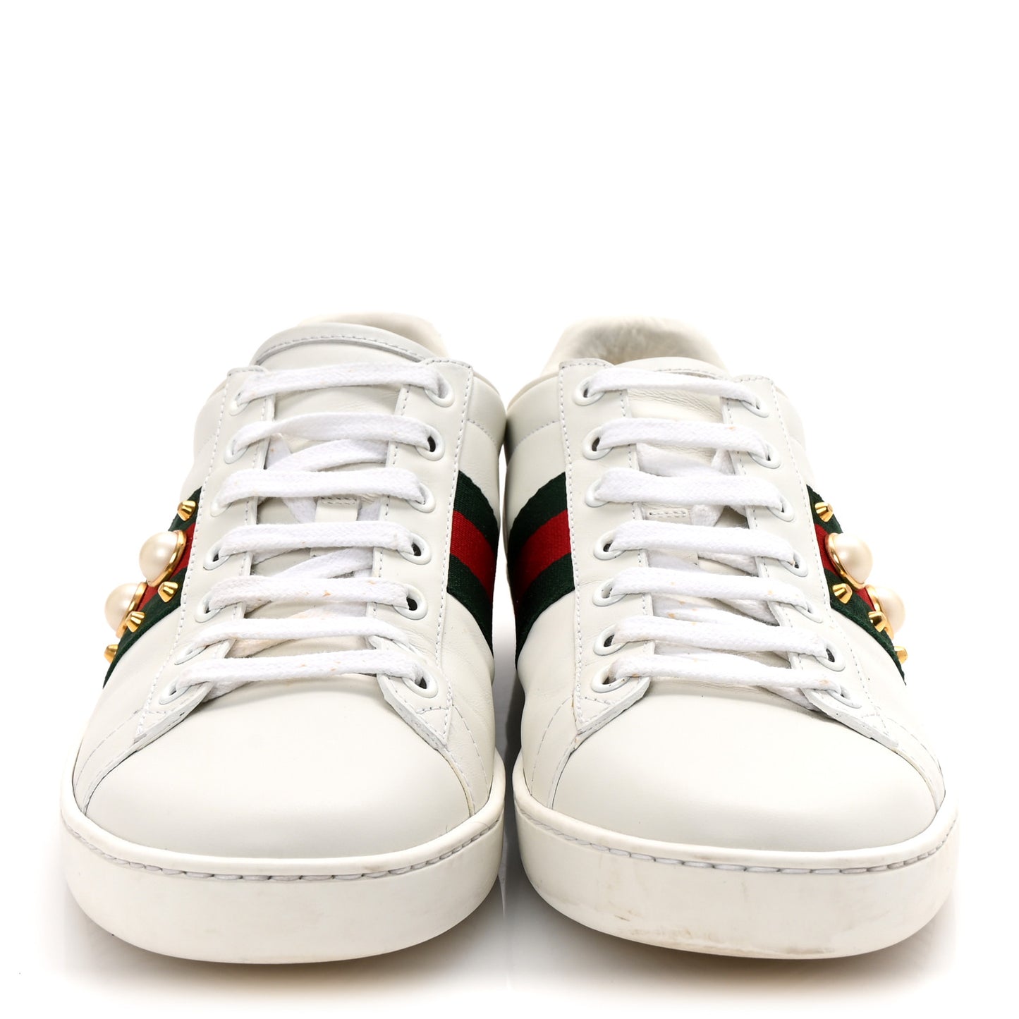 Calfskin Web Pearl Studded Womens Ace Sneakers 38.5 White