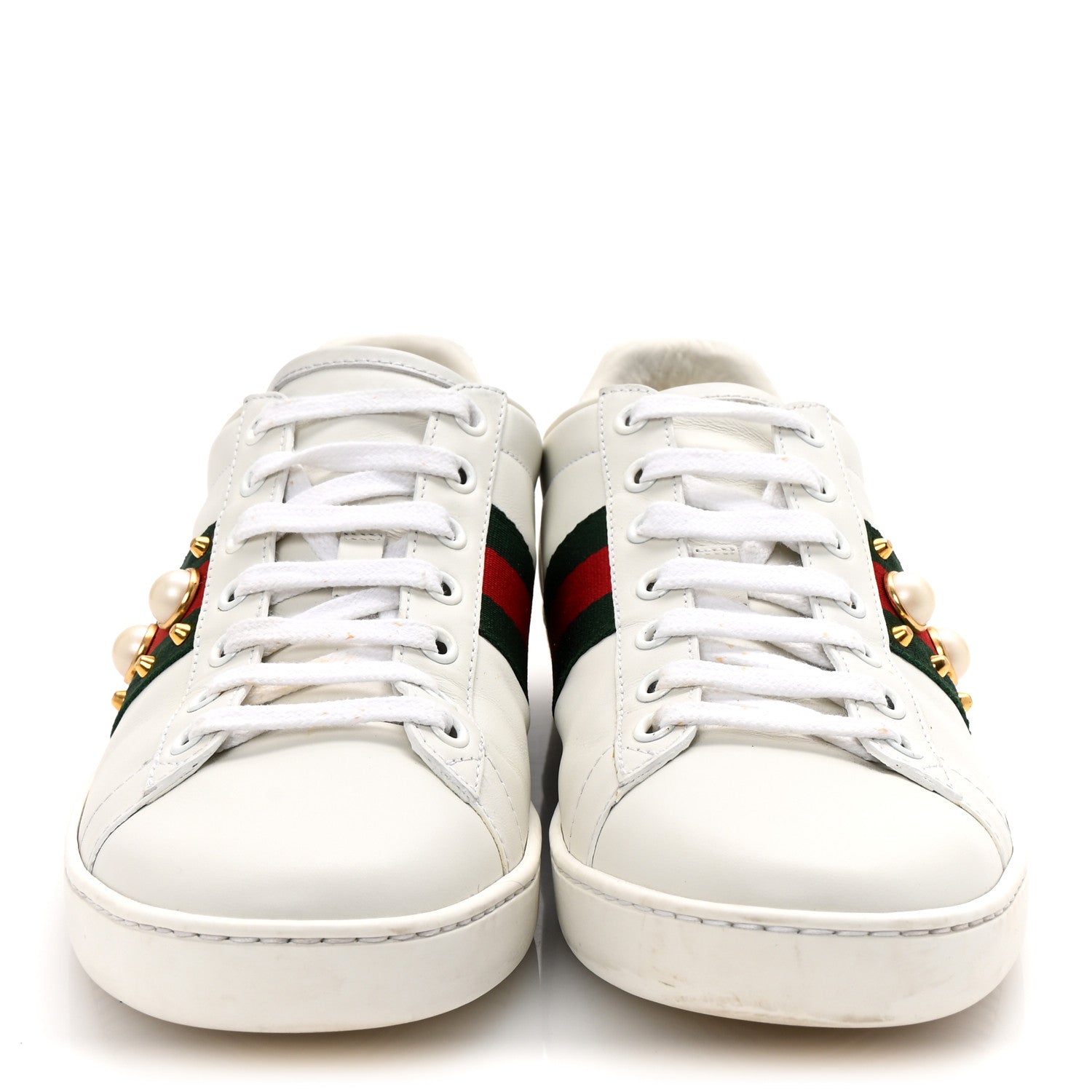 Gucci Calfskin Web Pearl Studded Womens Ace Sneakers 38.5 White 3 of 10