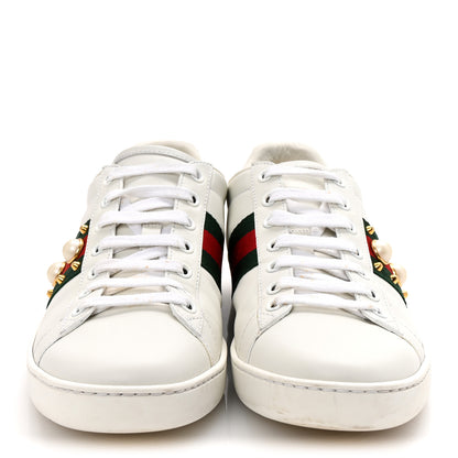 Gucci Calfskin Web Pearl Studded Womens Ace Sneakers 38.5 White 3 of 10