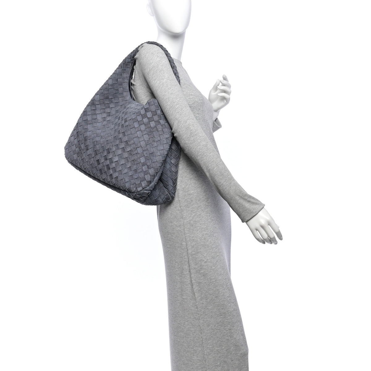 Suede Intrecciato Large Campana Shoulder Bag Cloudy Indigo