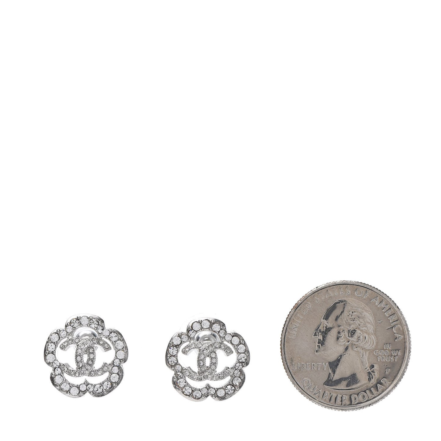 Crystal Coco Flapper Camellia CC Stud Earrings Silver