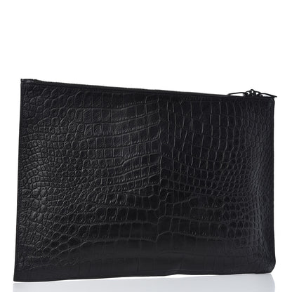Saint Laurent Calfskin Crocodile Embossed Large Sac De Jour Carryall Pouch Black 3 of 8