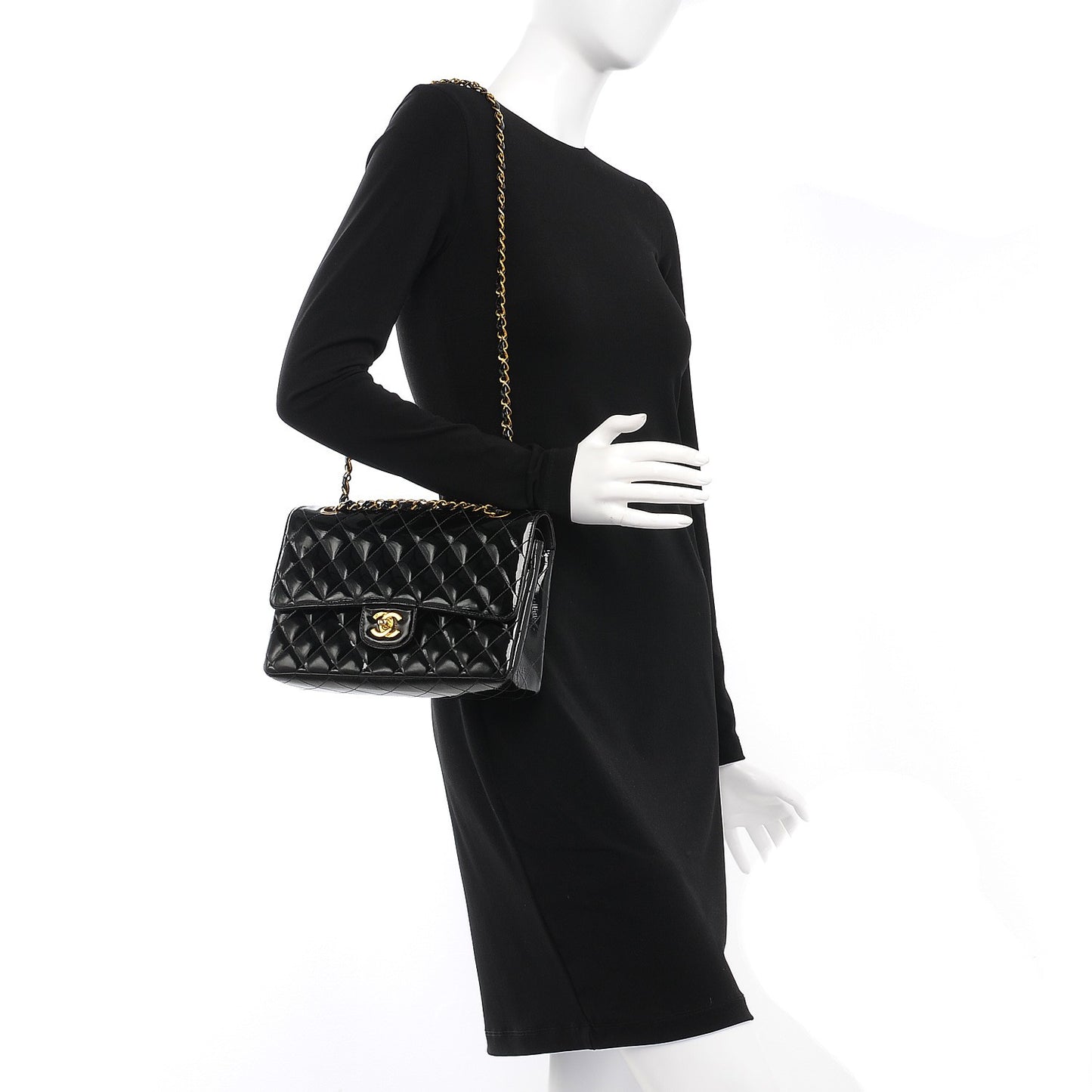 Patent Quilted Medium Double Flap Black