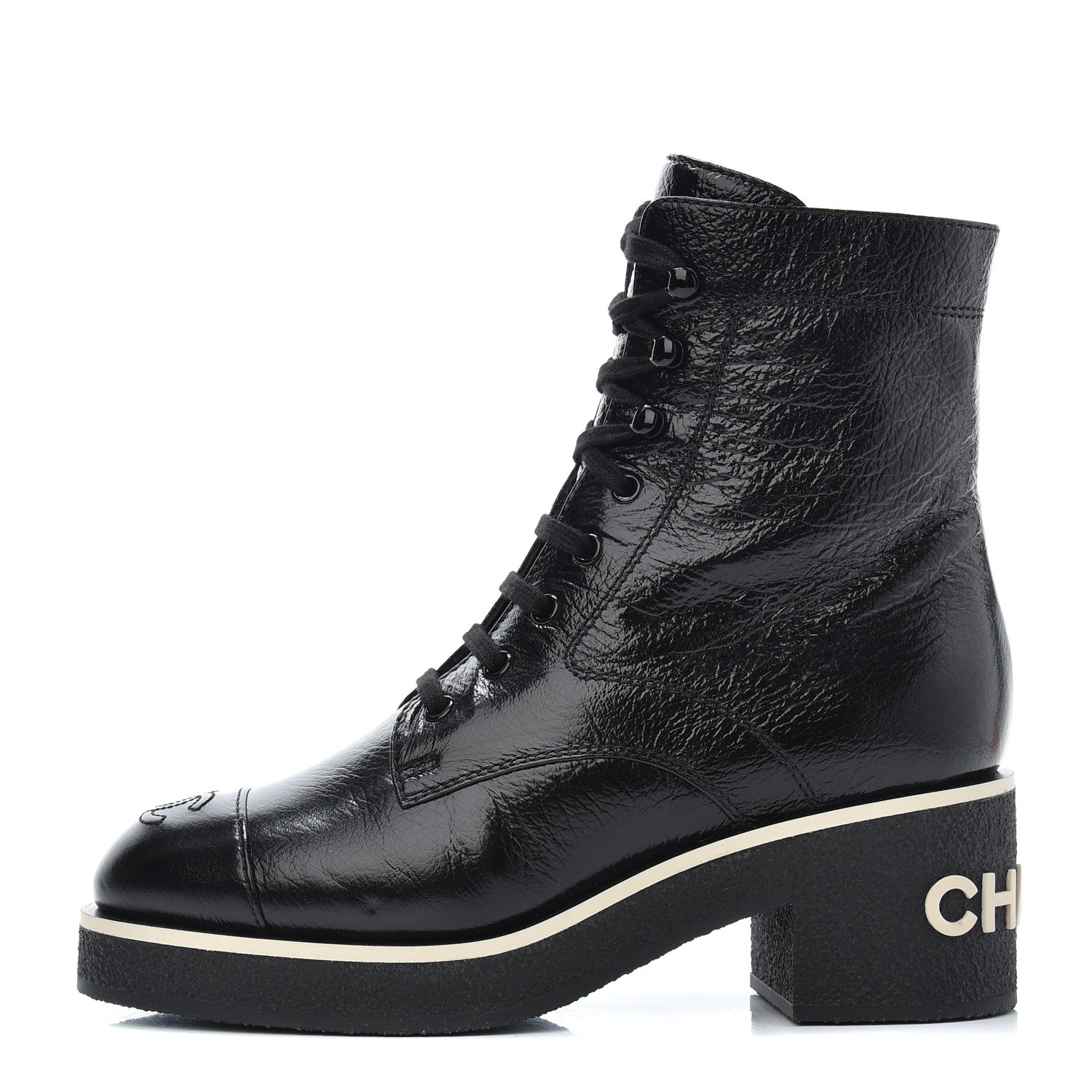 Chanel Shiny Crumpled Lambskin Lace Up Combat Boots 37.5 Black 1 of 8