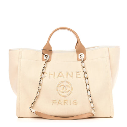 Chanel Canvas Pearl Medium Deauville Tote Ecru Beige 1 of 11