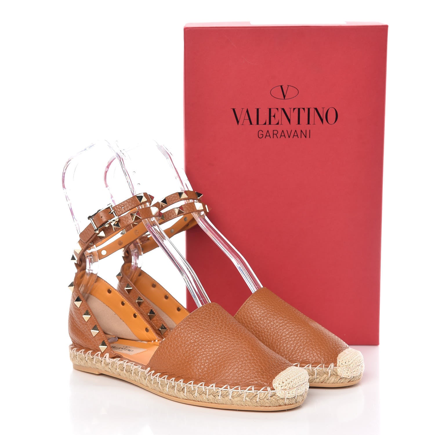 Valentino Garavani Grained Calfskin Rockstud Ankle Wrap Espadrille Flats 37 Cognac 12 of 12