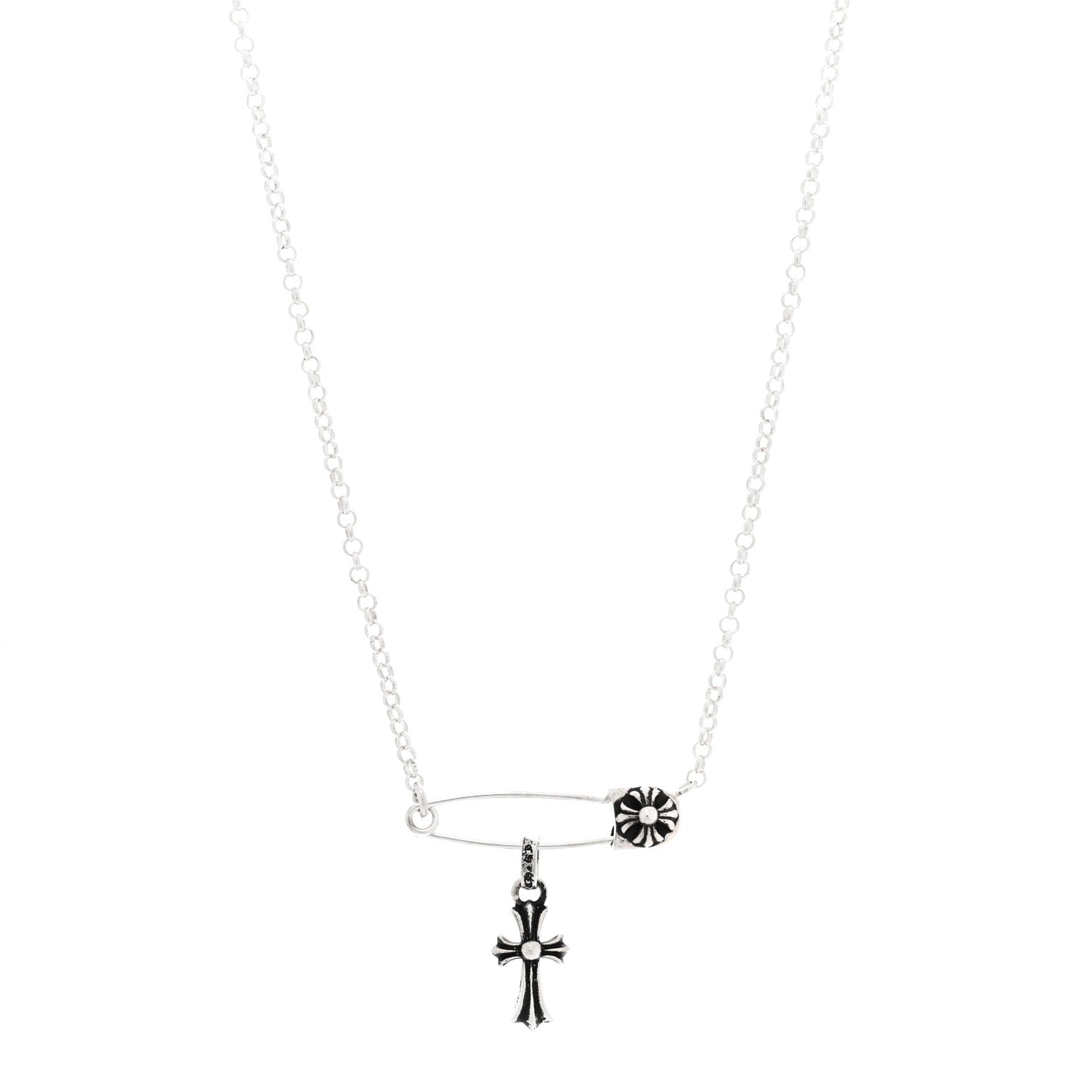 Sterling Silver Safety Pin Baby Fat Cross Pendant Necklace