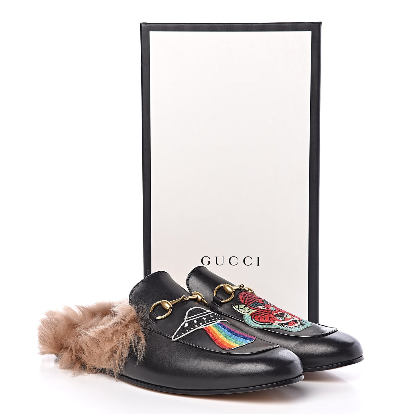 Calfskin Fur Dragon UFO Embroidered Mens Princetown Slippers 13 Black