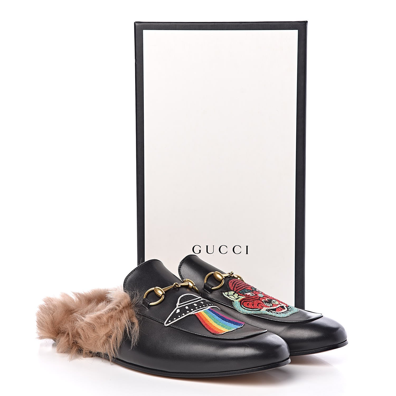 Gucci Calfskin Fur Dragon UFO Embroidered Mens Princetown Slippers 13 Black 8 of 8