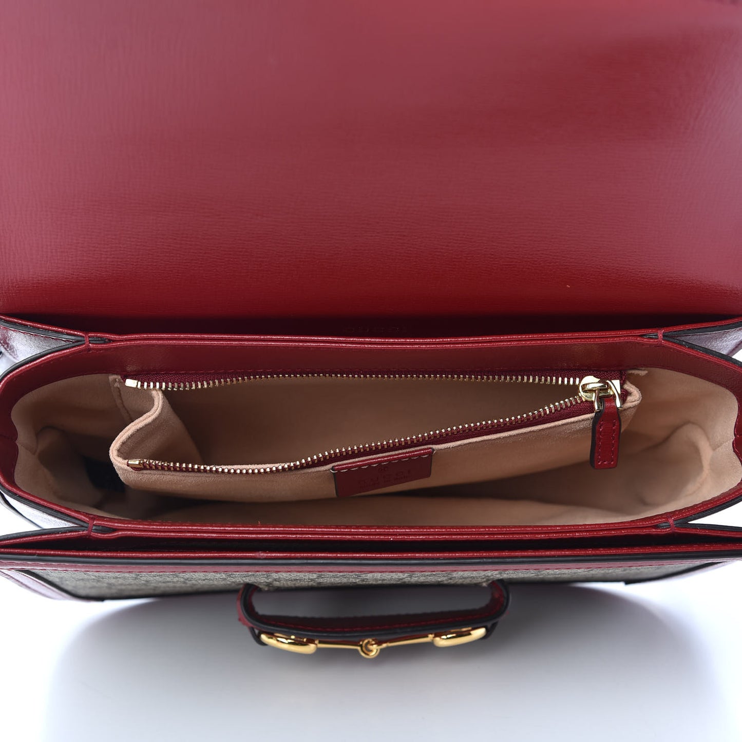 GG Supreme Monogram Azalea Calfskin Horsebit 1955 Shoulder Bag Beige Ebony New Cherry Red