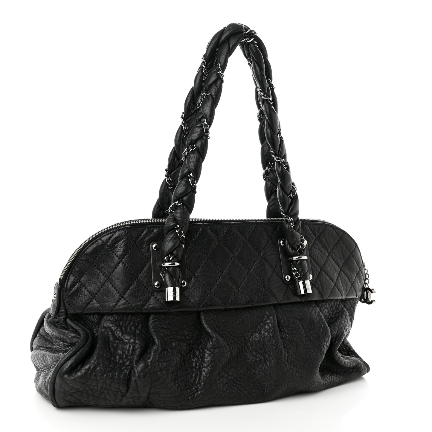 Distressed Lambskin Large Lady Braid Satchel Black