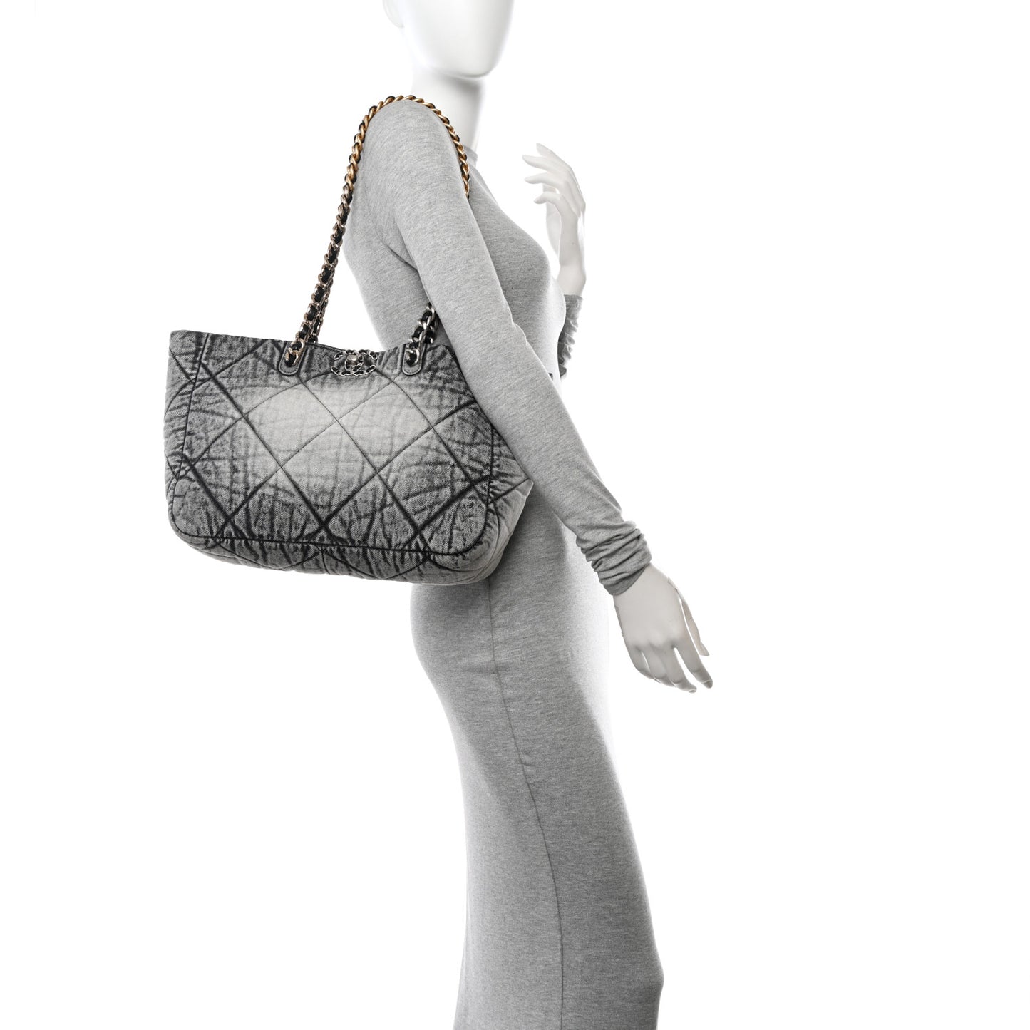 Washed Denim Quilted Chanel 19 East West Shopping Bag Black White