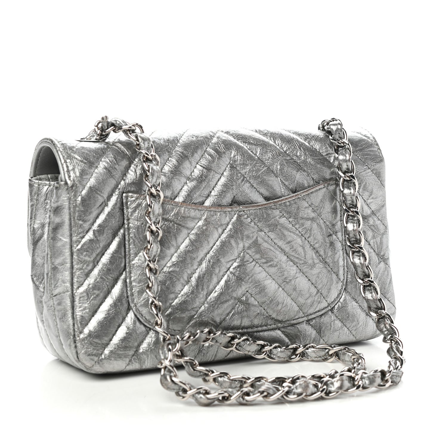 Patent Metallic Crumpled Calfskin Chevron Quilted Mini Rectangular Flap Silver
