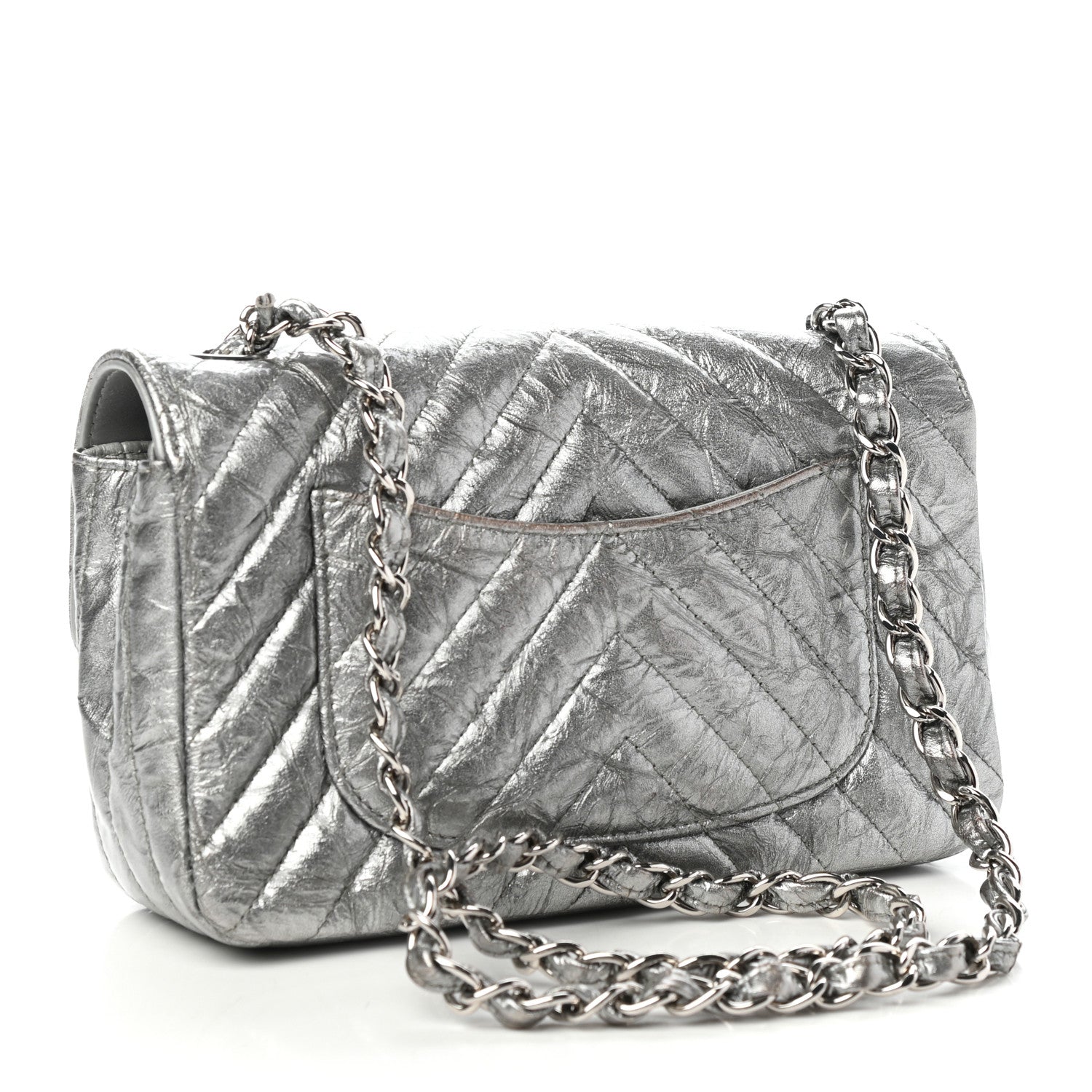 Chanel Patent Metallic Crumpled Calfskin Chevron Quilted Mini Rectangular Flap Silver 4 of 11