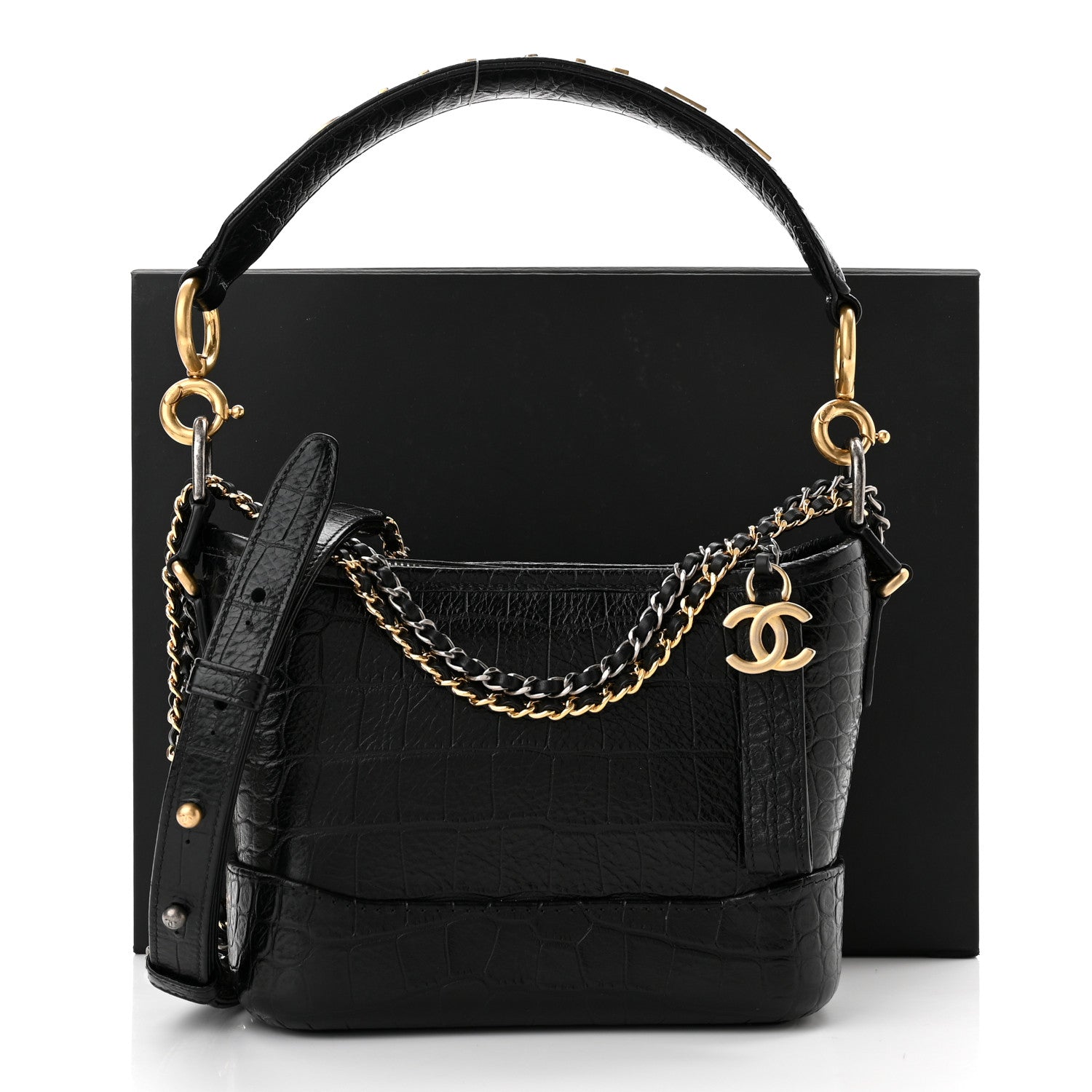 Chanel Calfskin Crocodile Embossed Small Gabrielle Cocodile Hobo Black 11 of 11