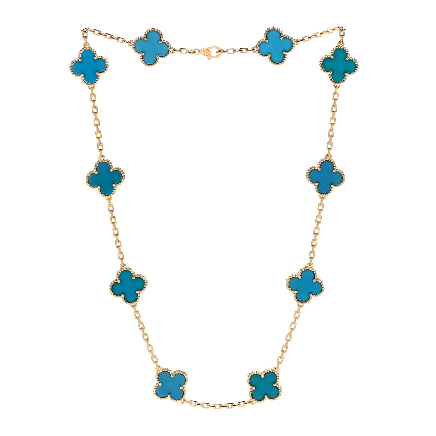 18K Yellow Gold Blue Agate 10 Motifs Vintage Alhambra Necklace