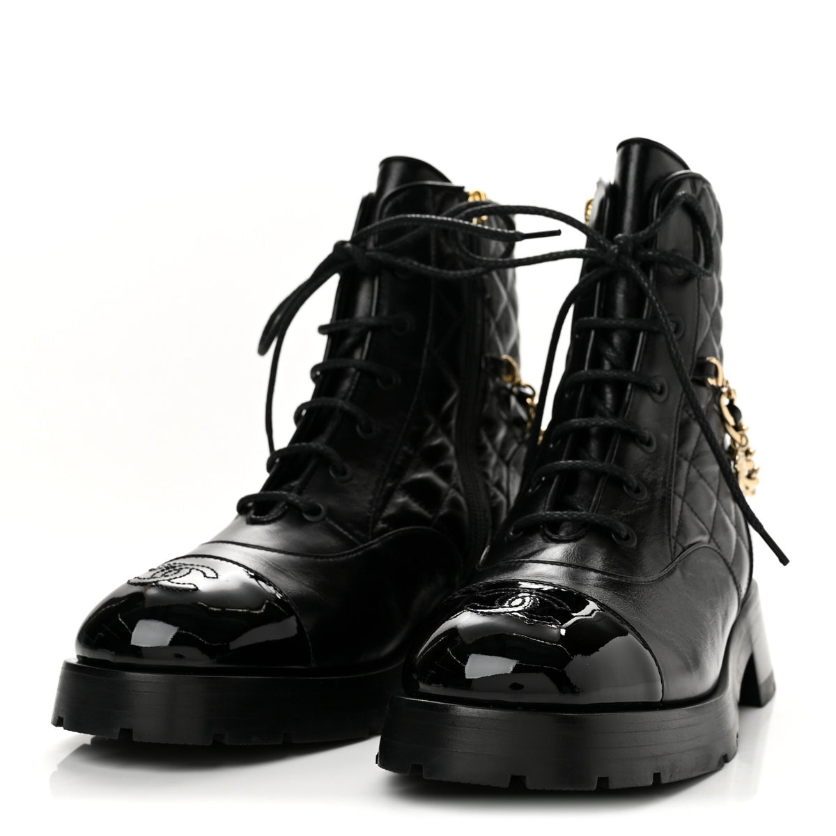 Chanel Shiny Calfskin Patent Quilted Chain Lace Up Combat Boots 39 Black 4 of 9