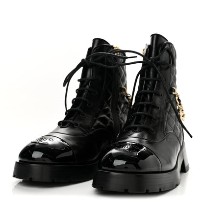 Chanel Shiny Calfskin Patent Quilted Chain Lace Up Combat Boots 39 Black 4 of 9