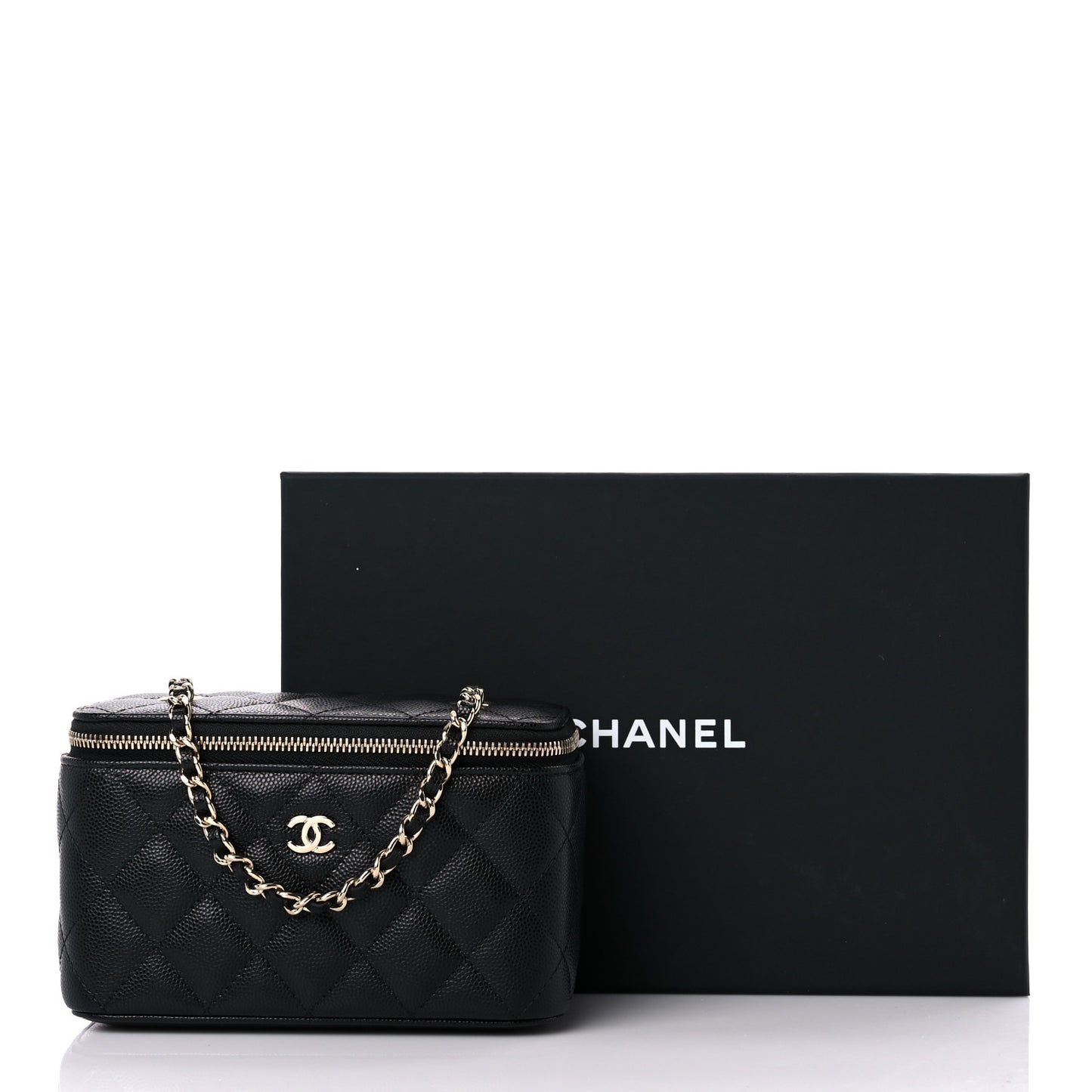 Caviar Quilted Small Vanity Case With Chain Black