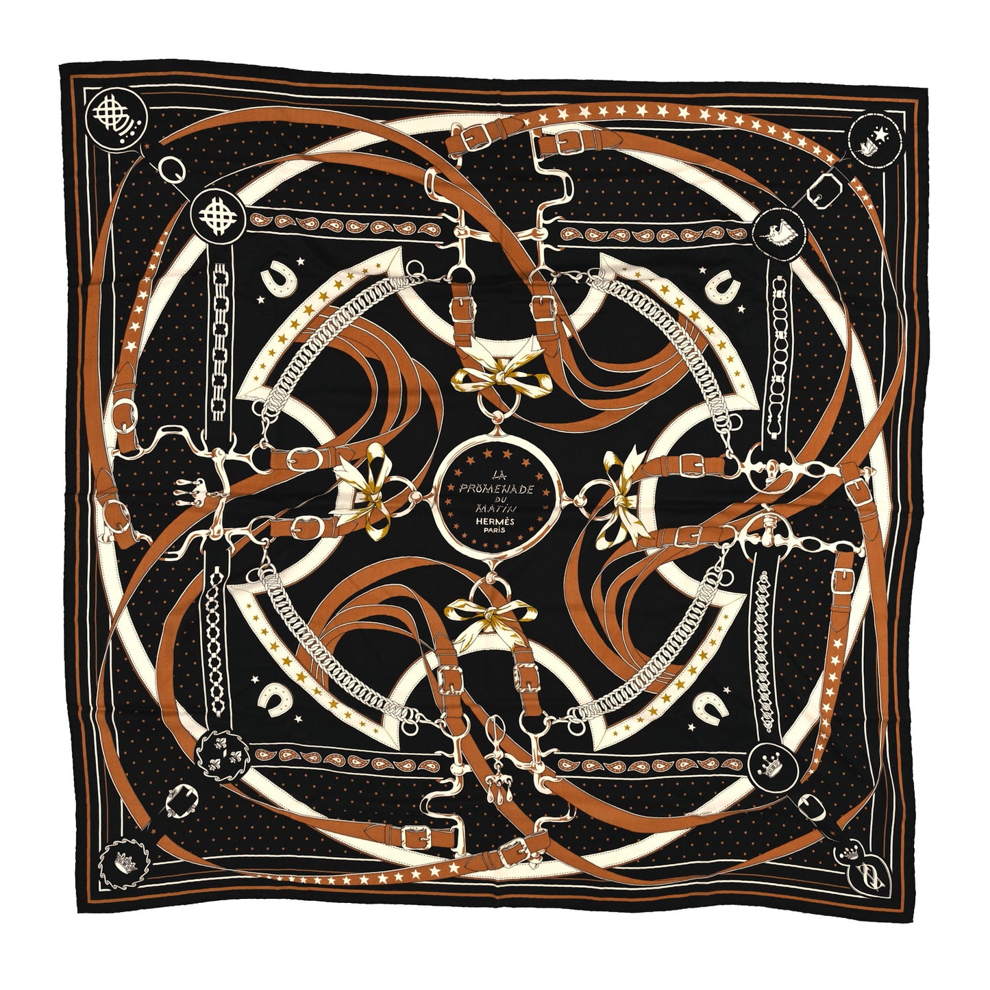 Cashmere Silk La Promenade du Matin Bandana Shawl 140 Black Noisette Gold