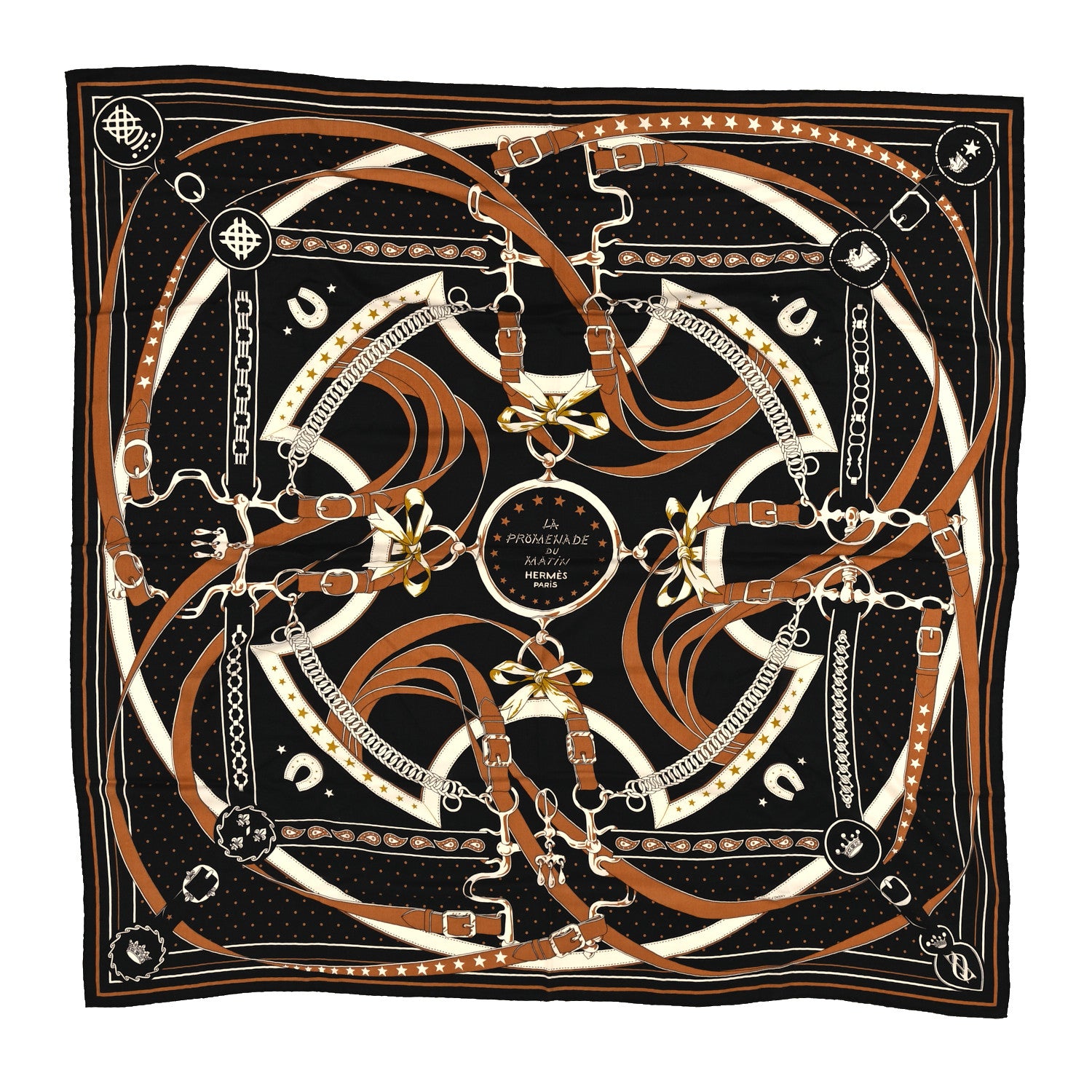 Hermes Cashmere Silk La Promenade du Matin Bandana Shawl 140 Black Noisette Gold 1 of 4