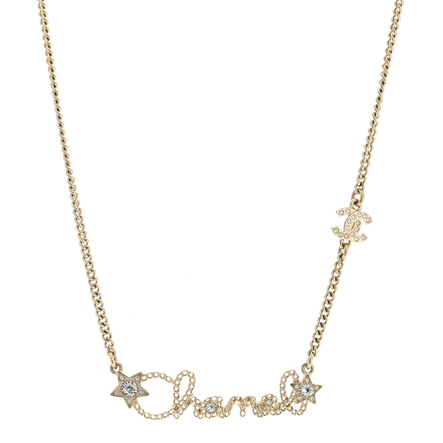 Chanel Metal Crystal Logo Star Necklace Gold 1 of 6
