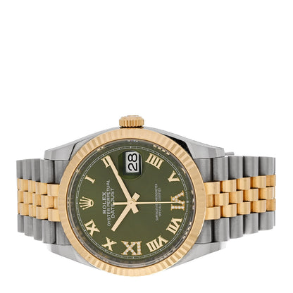 Rolex Stainless Steel 18K Yellow Gold Diamond 36mm Oyster Perpetual Datejust Watch Olive Green Roman 126233 2 of 5