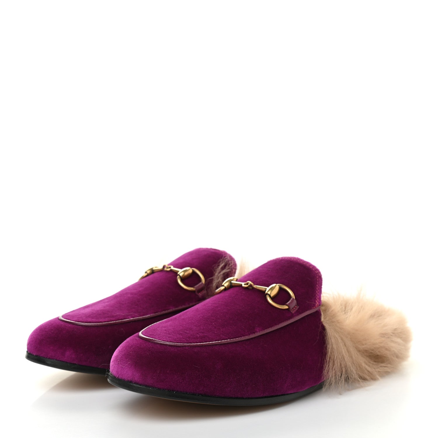 Gucci Velvet Fur Womens Princetown Slippers 36.5 Fucsia Violet Cyclamen Natural 3 of 7