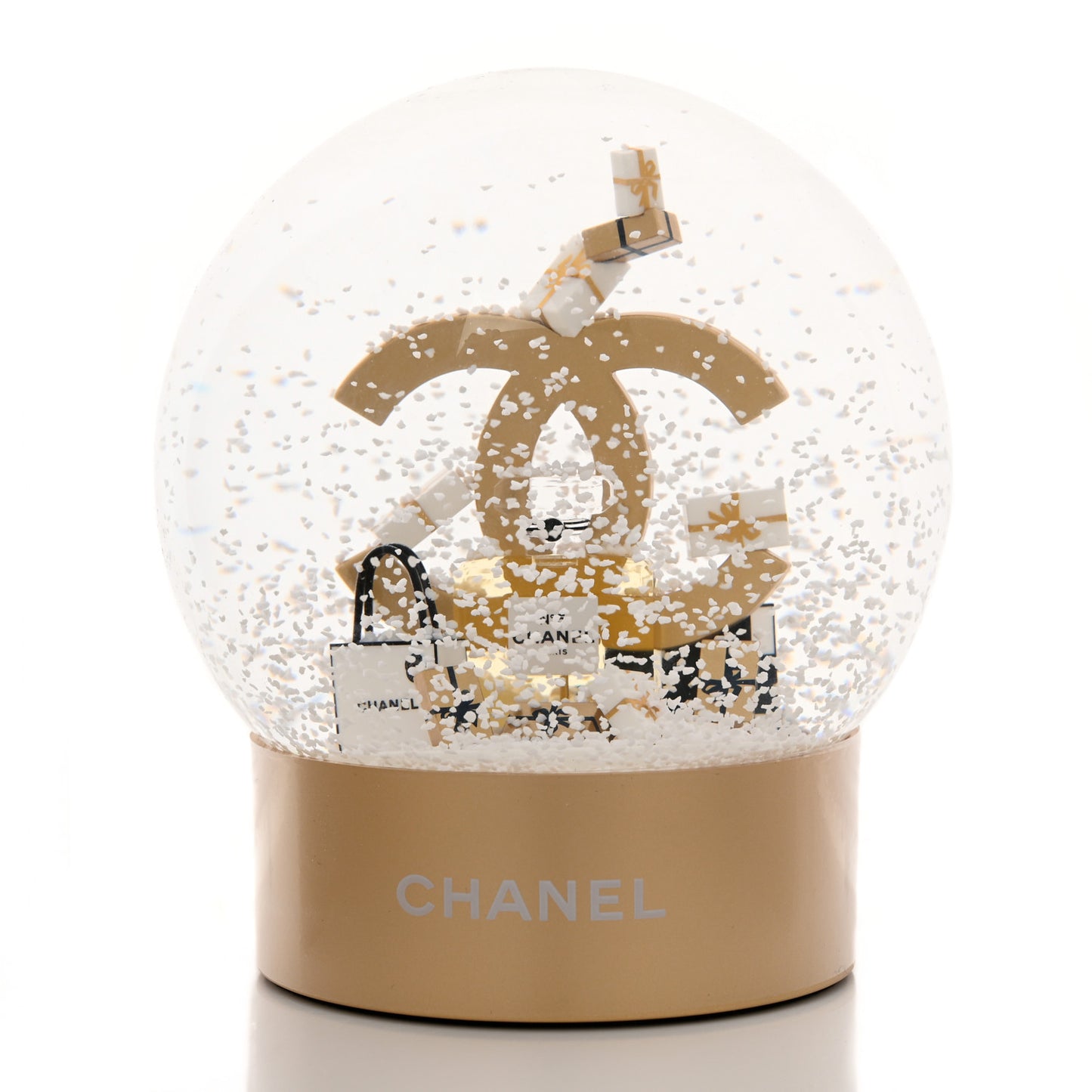 Glass CC Shopping Bag Snow Globe Gold