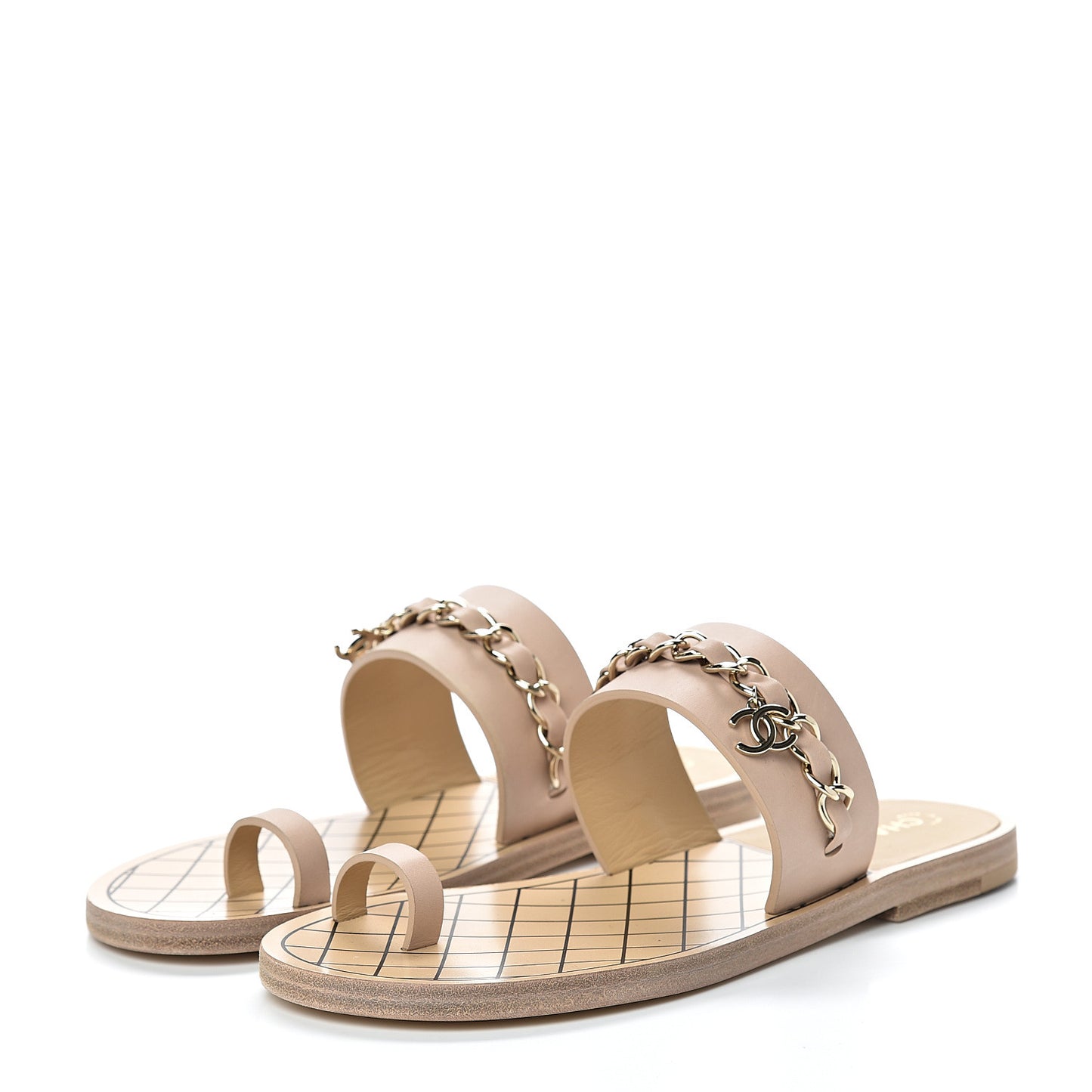Calfskin Chain CC Logo Toe Ring Sandals 36 Beige
