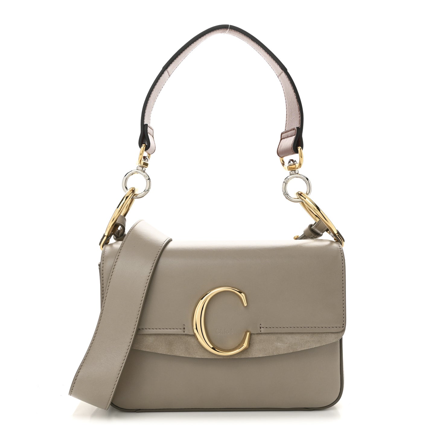 Shiny Calfskin Suede Small C Double Carry Bag Motty Grey