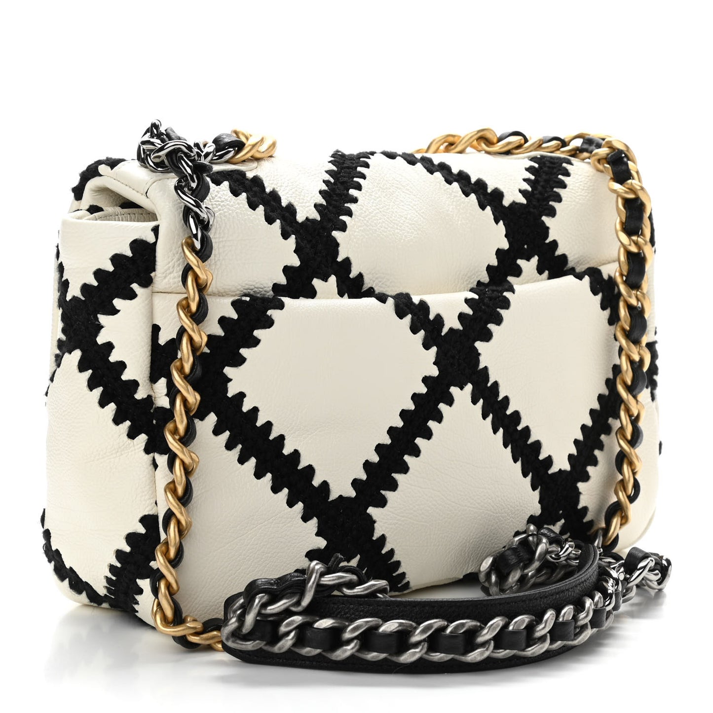 Calfskin Crochet Medium Chanel 19 Flap White Black