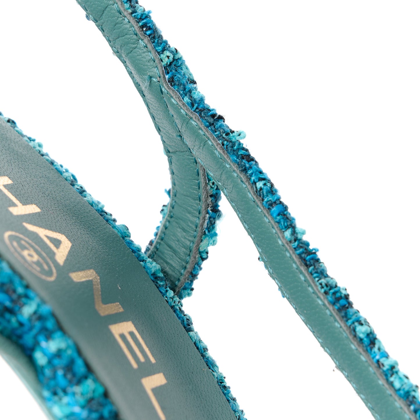 Tweed Lambskin Cap Toe CC Slingback Pumps 37 Blue Green